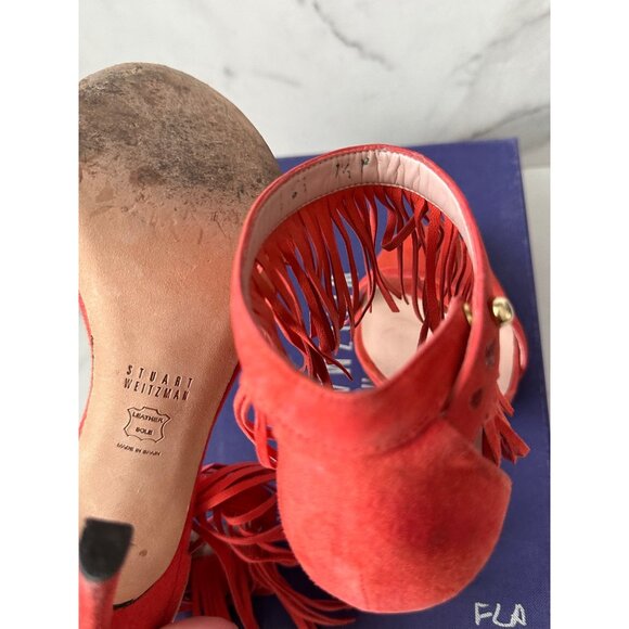 STUART WEITZMAN Red Suede Fringe Ankle Strap Heels Size 7.5 - Picture 9 of 9